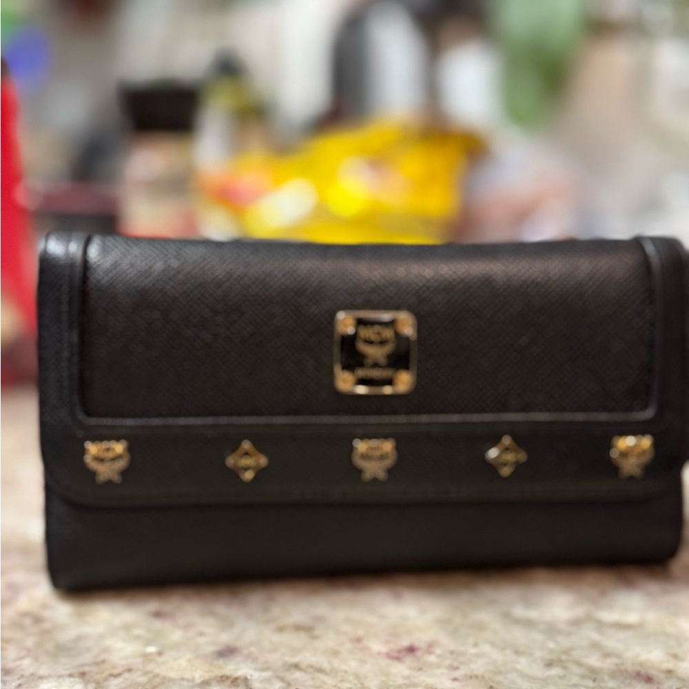 MCM Black Wallet with Gold Accents